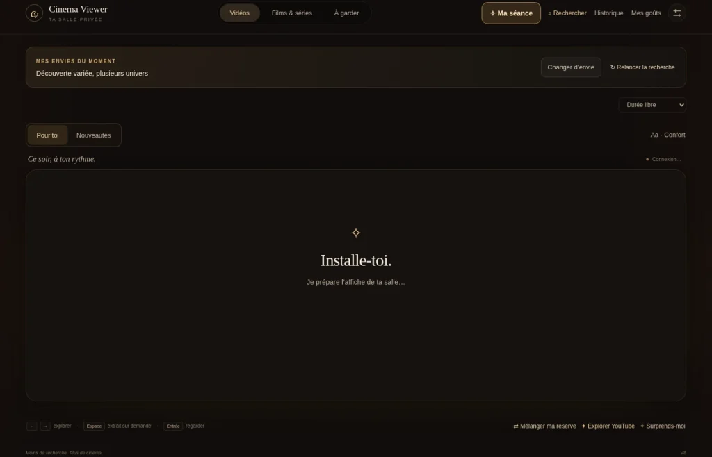Interface sombre de Cinema Viewer, la salle vidéo personnelle locale
