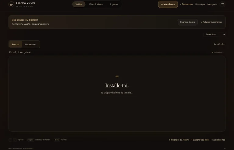 Interface sombre de Cinema Viewer, la salle vidéo personnelle locale
