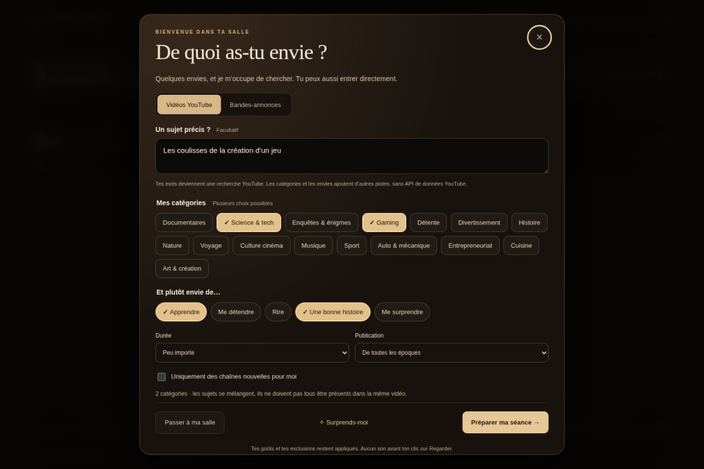 Fenêtre Cinema Viewer permettant de choisir des catégories, envies et un sujet avant une séance