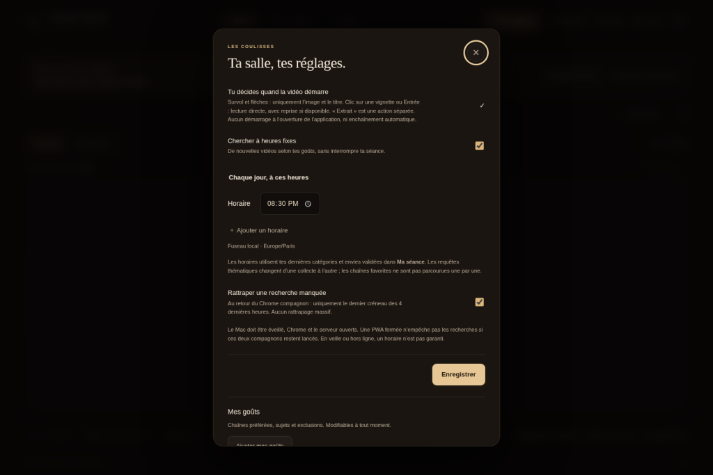 Réglages de Cinema Viewer avec la planification des recherches et les préférences locales